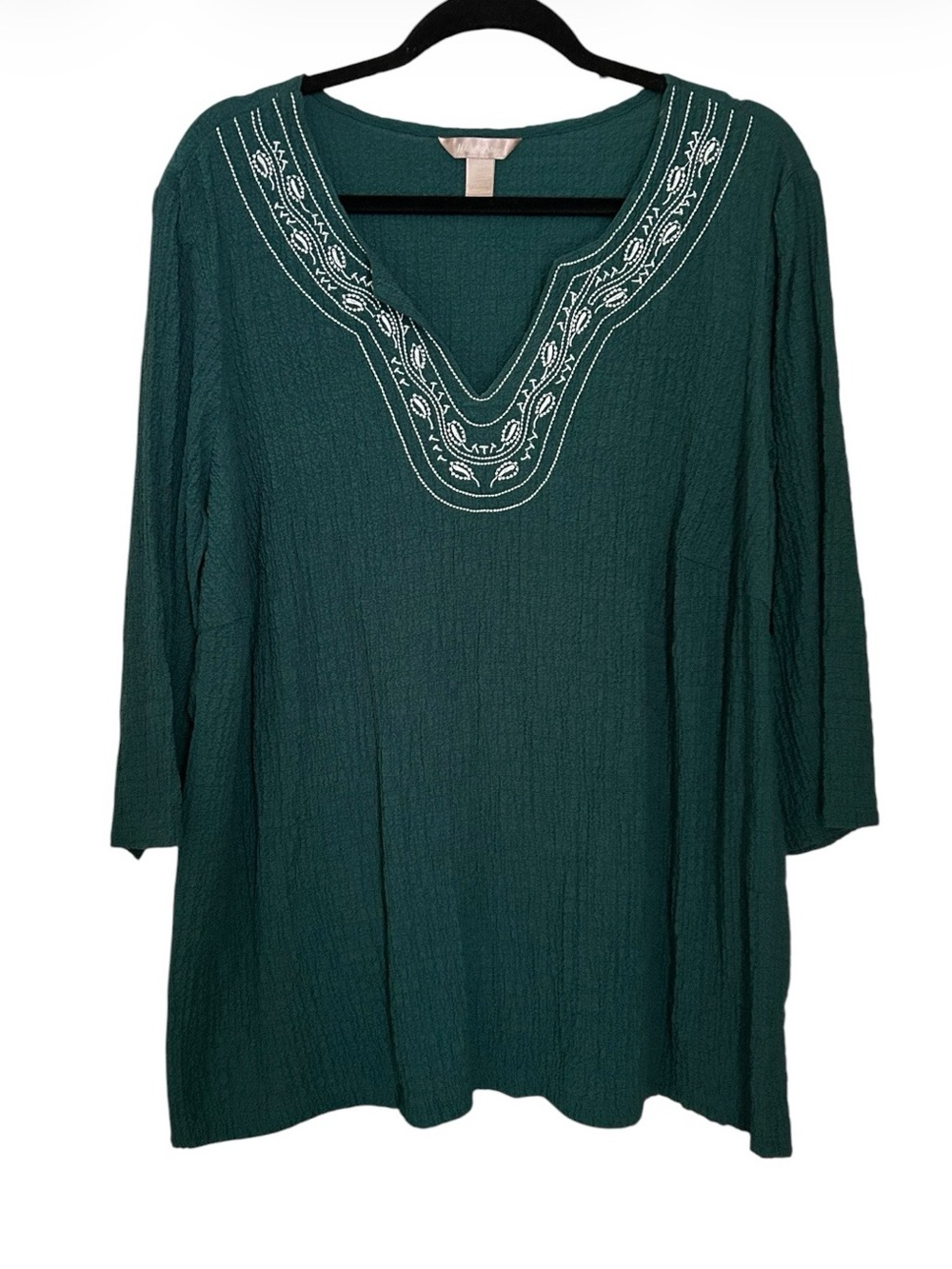 Plus Size Boho Embroidered V-Neck Tunic Top in Deep Cool Green White Stag 2X